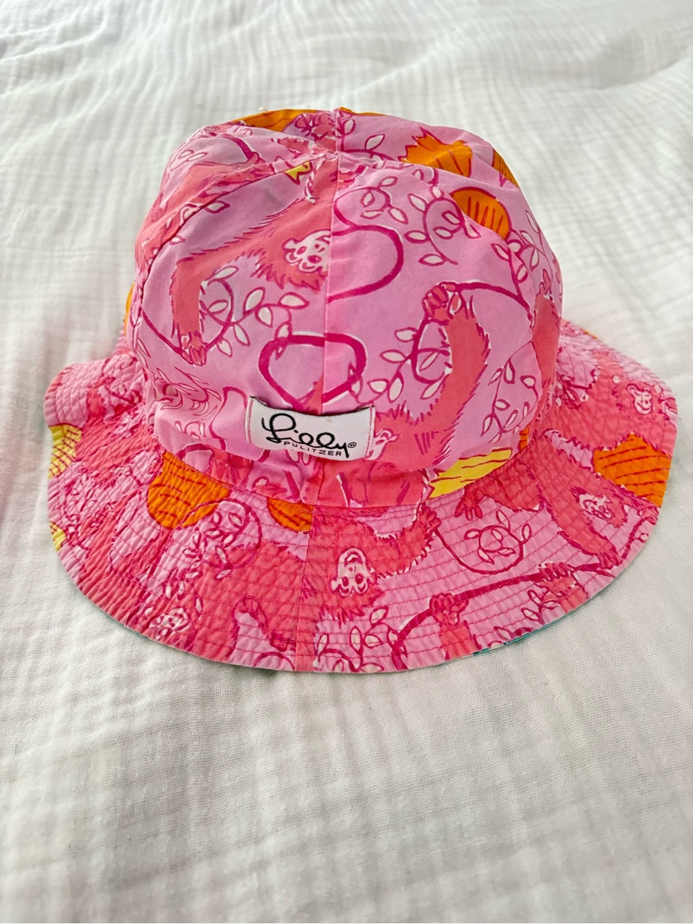 Lilly Pulitzer Vintage Reversible Monkey Pool Pink Blue Printed Kids Bucket Hat